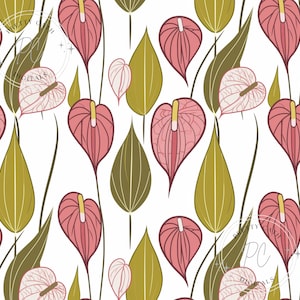 Acuarela Anthurium Patrón sin costuras Floral tropical PNG Papel digital Papel tapiz hawaiano exótico Fondo de álbum de recortes de verano Diseño de tela