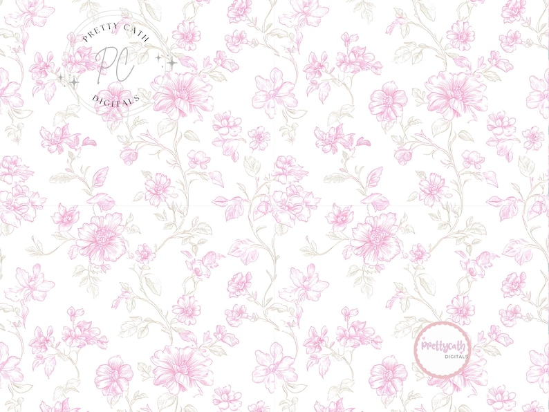 Pink Floral Line Art Seamless Pattern Coquette Wallpaper Vintage Flower ...