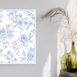 Blue Floral Seamless Pattern Vintage Toile Rose Line Art Digital Paper ...