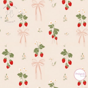 May include: A repeating pattern featuring illustrations of red strawberries, white flowers, and pink bows on a light beige background. The strawberries have green leaves and the bows have long, flowing ribbons. The overall theme is a whimsical, floral design.