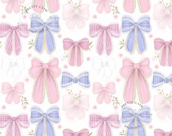Coquette Bow Seamless Pattern: Pink & Blue Gingham, Floral Grandmillenial (Digital Paper)