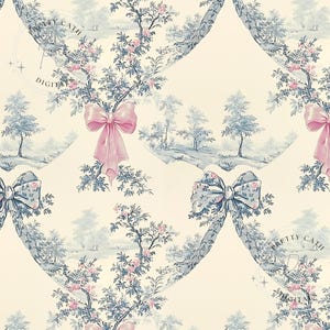 Alberi vintage e fiocco in toile floreale motivo ripetuto senza soluzione di continuità per stampa su tessuto, sublimazione, carta digitale, fiocco cineseria, retrò, girly chic
