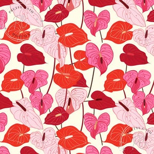 May include: A repeating pattern of stylized anthurium flowers in shades of red, pink, and white on a cream background. The flowers have heart-shaped spathes and prominent spadices. The design is suitable for fabric or wallpaper.