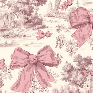 Toile De Jouy vintage con fiocco Coquette senza soluzione di continuità, retrò, disegnato a mano, fiocchi di nastro pastello, motivo ripetuto, chinoiserie, floreale, carta digitale francese