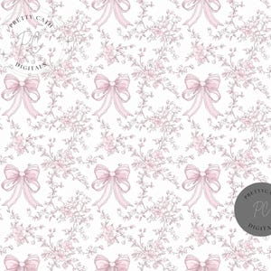 May include: A repeating pattern of pink bows and floral elements on a white background. The design features delicate pink bows and clusters of flowers, creating a soft and feminine aesthetic. The text "PRETTY CATH DIGITALS" is visible in the image.