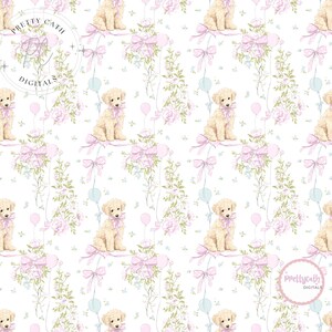 Puede incluir: Patrón repetitivo con cachorros de color amarillo claro con lazos rosas, globos rosas y ramos de flores sobre un fondo blanco. El diseño incluye acentos en azul claro y el texto "Pretty Cath Digitals" en un logotipo circular.