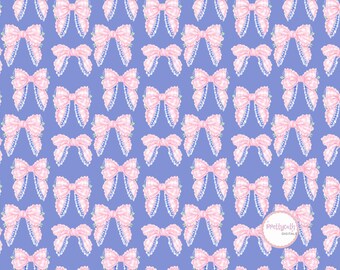 Pink Ruffled Bow Seamless Pattern Blue Background Ribbon Digital Paper for Crafts and Fabric