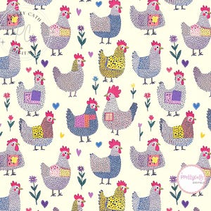 Peut inclure: Un motif répétitif de poulets fantaisistes aux couleurs vives, notamment jaune, bleu et violet, sur fond crème. Chaque poulet présente un motif patchwork sur son corps. De petites fleurs et des cœurs parsèment le motif.
