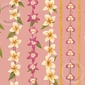 Tropical Hawaiian Floral Pattern Hibiscus Plumeria Lei Seamless Digital Paper Exotic Summer Wallpaper Scrapbook Background Fabric Design