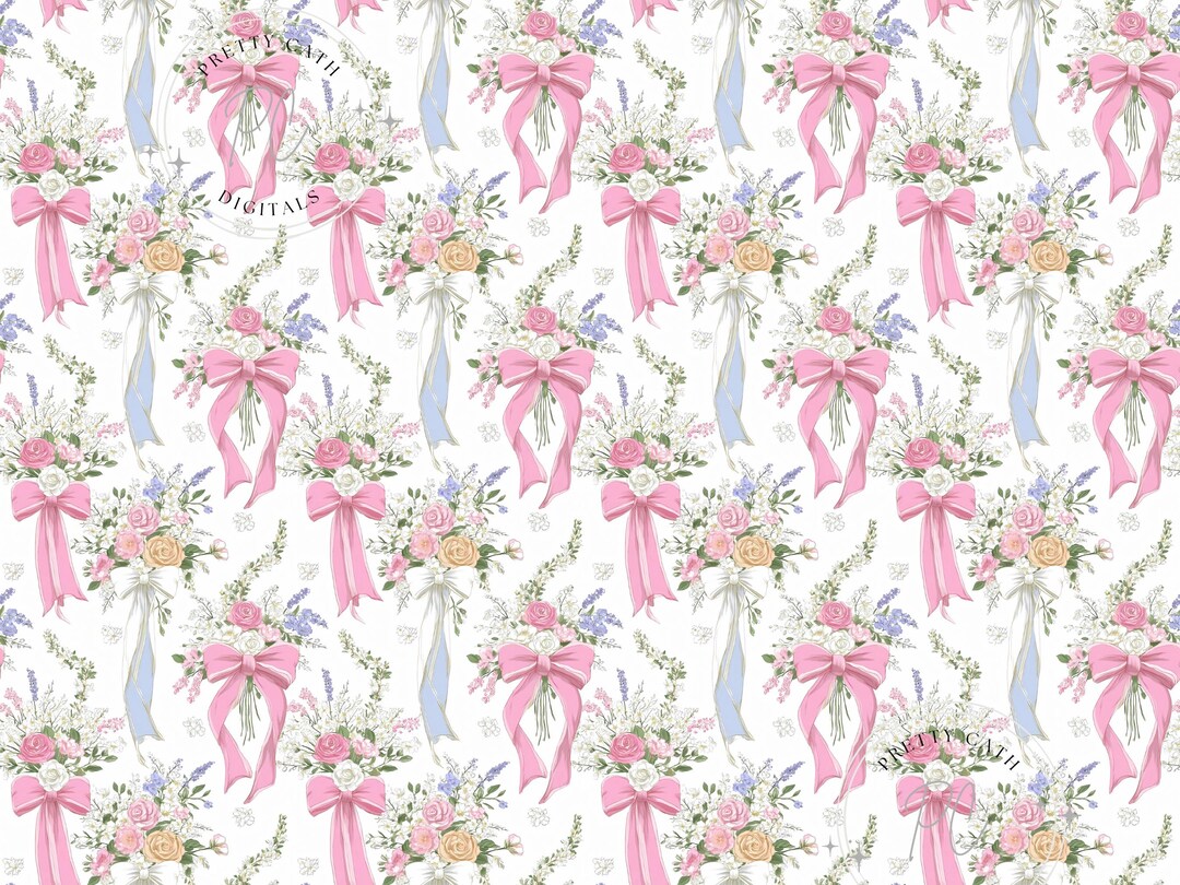 Romantic Floral Bouquet Seamless Pattern Pink Ribbon Bow Shabby Chic ...
