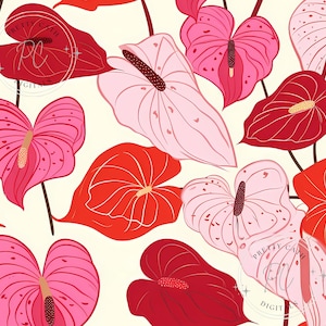 水彩アンスリウムの花柄：トロピカルハワイアンデザイン（PNGデジタル