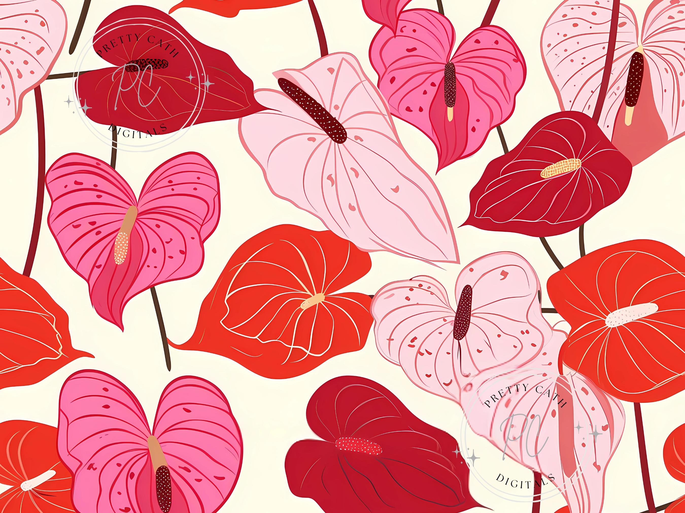 水彩アンスリウムの花柄：トロピカルハワイアンデザイン（PNGデジタル