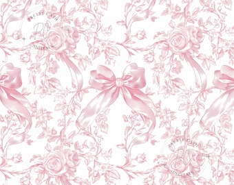 Vintage Pink Roses Seamless Pattern: Coquette Bows, Cottagecore Floral (Digital Download JPGs 12x12in 300DPI)