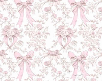 Pink Toile de Jouy Fabric: Coquette Bow Floral Pattern (Digital Paper Download)