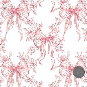 Vintage Pink Ribbon Bow Floral Toile Seamless Pattern Romantic French Country Shabby Chic Cottagecore Wallpaper Fabric Textile Preppy design