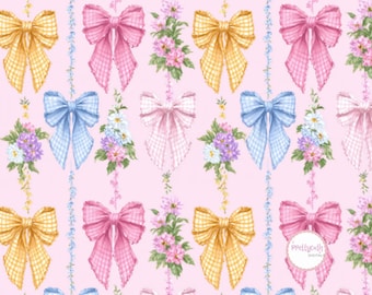 Papel digital con estampado floral sin costuras y lazo pastel para impresión en tela, decoración infantil, scrapbooking y manualidades.