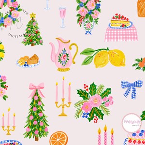 May include: A repeating pattern on a light pink background featuring hand-painted illustrations of Christmas trees, pink candles in gold holders, floral wreaths, bouquets in vases, lemon slices, cakes, and blue gingham bows with PrettyCath Digitals text.