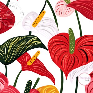 May include: A digital pattern featuring vibrant anthurium flowers in shades of red, pink, white, and yellow, interspersed with dark green leaves with yellow veins. The illustration includes thin green stems and a watermark reading Pretty Cath Digitals.