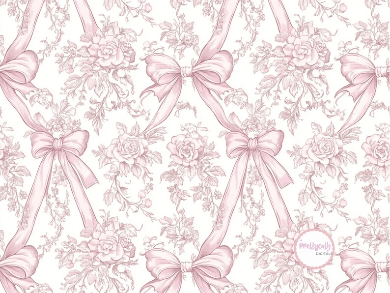 Vintage Pink Toile Ribbon Rose Seamless Floral Pattern Elegant Romantic ...