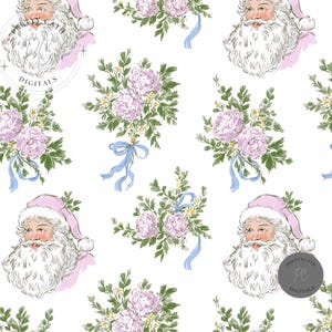 May include: A repeating pattern featuring Santa Claus illustrations with a pink hat and a white beard, interspersed with bouquets of pink flowers and blue ribbons on a white background. The image has a watercolor style.