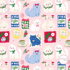 Conjunto de fundo digital para scrapbook e diário com estampa floral de gato, estilo cottagecore kawaii, com xícara de chá, laços de lã e muito mais. Ideal para imprimir em tecido e papel.