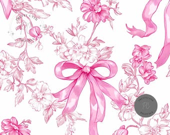 Rosa, kokette Schleife, florales, nahtloses Muster, Vintage-Band-Toile-Design, feminin-romantische Tapete, Pariser Chic, Stoffdruck
