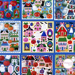 Puede incluir: Un collage digital con nueve paneles cuadrados llenos de ilustraciones temáticas de Halloween que incluyen casas coloridas, fantasmas sonrientes, calabazas, gatos negros, murciélagos, dulces de maíz y botellas de pociones.