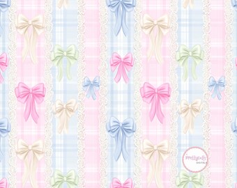 Pastel Plaid Bow Seamless Pattern Fabric POD Nursery Wallpaper Lace Ribbon Coquette Baby Decor Digital Paper Repeating Design Print Textiles
