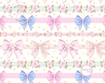 Papier numérique floral sans couture à motif de nœuds pastel et de roses avec cœurs, style shabby chic