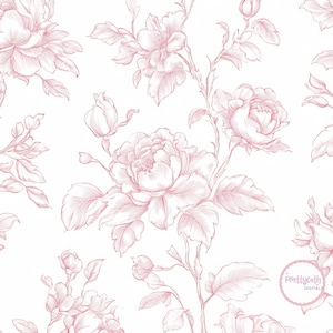 Può includere: Motivo floreale continuo con illustrazioni disegnate a mano di rose rosa e foglie su sfondo bianco. Il design presenta disegni dettagliati di rose e foglie, con fiori in varie fasi di sviluppo, creando un motivo floreale romantico ed elegante.