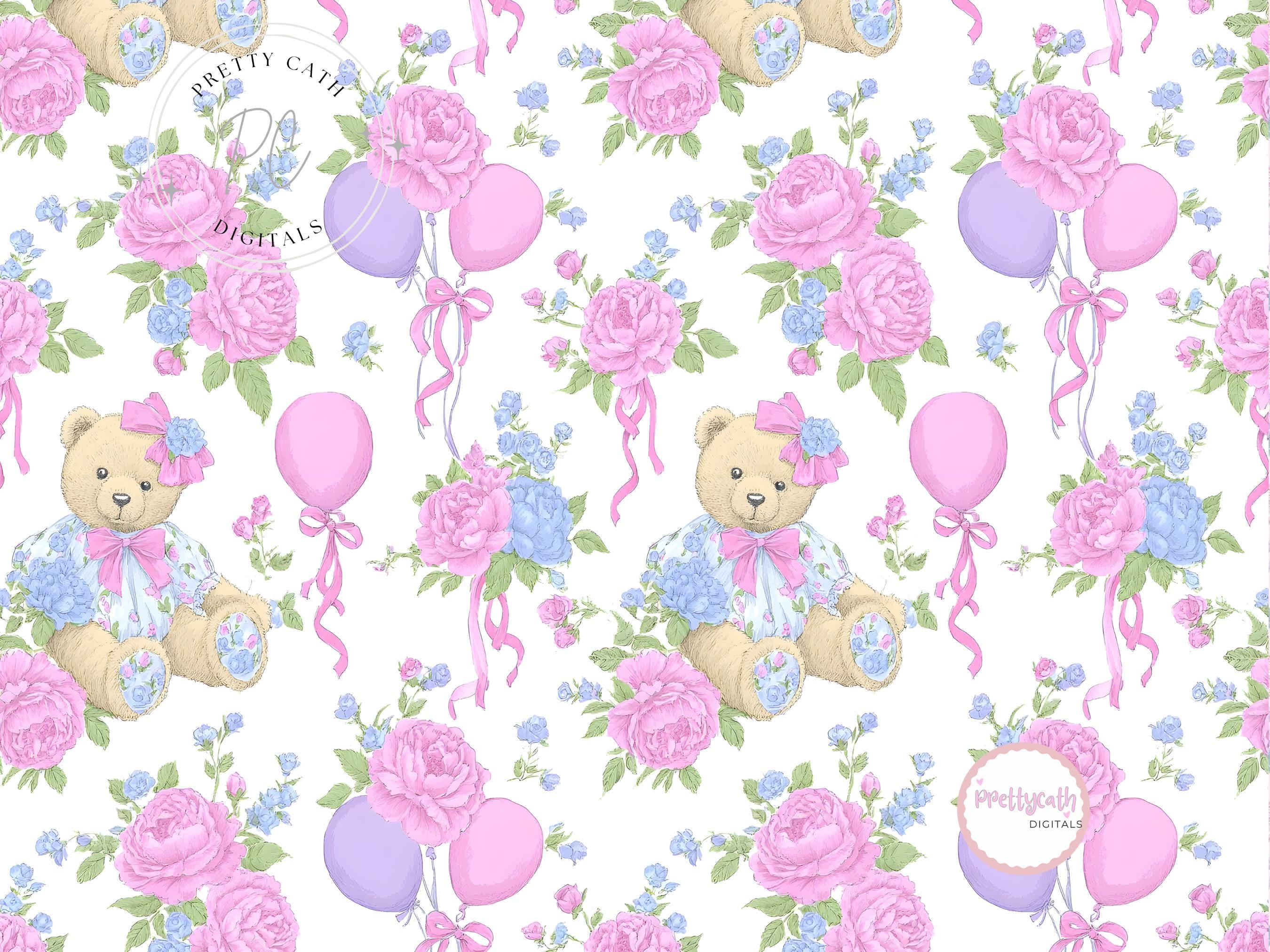 Cute Teddy Bear Floral Balloon Pattern Digital Paper Baby Shower ...