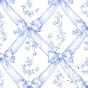 Blue Toile De Jouy Seamless Pattern Digital Paper Chinoiserie Bow and Floral French Vintage Wallpaper Fabric Print Nursery Background JPG