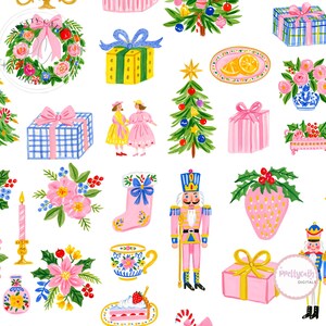 May include: A collection of watercolor-style illustrations featuring Christmas trees, nutcrackers, wrapped gifts, floral arrangements, candles, stockings, and tea sets. The motifs include pink, blue, green, and gold colors on a white background.