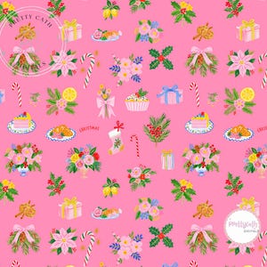 May include: A repeating pattern on a bright pink background featuring festive illustrations of Christmas stockings, candy canes, gift boxes, poinsettias, holly, floral bouquets, lemon slices, and cake slices with the text Christmas.