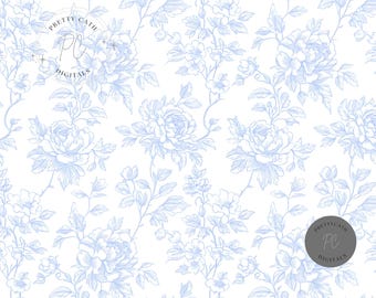 Blue Floral Toile Digital Paper: French Country Vintage Pattern (12x12 PNG Digital Download)