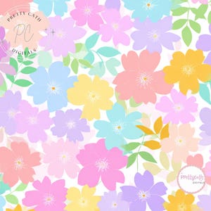 May include: A digital floral pattern featuring a variety of pastel-colored flowers, including pink, purple, yellow, and blue, with green leaves. The design is set against a white background. The text "Pretty Cath Digitals" is visible.