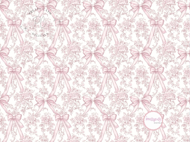 Vintage Pink Toile Ribbon Rose Seamless Floral Pattern Elegant Romantic ...