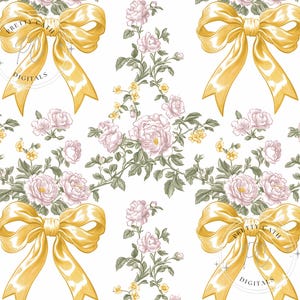 Chinoiserie Seamless Vintage Yellow Bow and Pink Toile Spring Tiny Flowers Fabric Pattern Digital Paper Summer Floral Retro Girly Repeat DIY