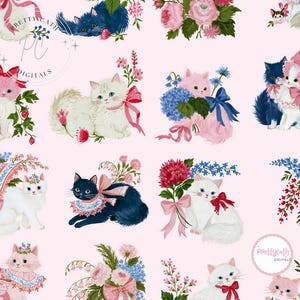 Puede incluir: Un patrón repetitivo sobre un fondo rosa claro con ilustraciones de gatos blancos, rosas y azul oscuro adornados con lazos rosas, cuellos de encaje y arreglos florales de rosas, hortensias y bayas. Incluye una marca de agua.