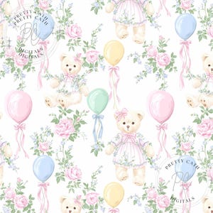 May include: A repeating pattern featuring teddy bears in dresses, pastel balloons, and floral arrangements of pink roses and blue flowers on a white background. The image includes the text "Pretty Cath Digitals".