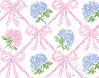 Pink Hydrangea Blue Floral Bow Pattern Vintage Chinoiserie Digital Paper Seamless Coquette Wallpaper Fabric for Cottagecore Crafts