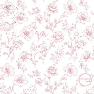 Peut inclure: Un motif sans couture avec des illustrations florales roses délicates sur fond blanc. Le design comprend des dessins détaillés de fleurs et de feuillage, créant une esthétique romantique et élégante. Le texte "Pretty Cath Digitals" est visible.