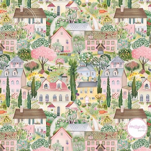 Cottagecore Village Wallpaper: Pastellfärgade hus och trädgårdar sömlös design (digital nedladdning)