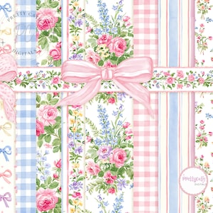 May include: A digital paper collection featuring vertical strips of floral patterns, pink gingham, blue stripes, and polka dots. A horizontal band with a pink ribbon bow and a floral garland overlays the patterns. Text reads Pretty Cath Digitals.