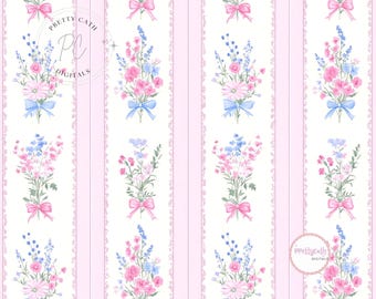 Vintage Floral Striped Wallpaper Seamless Pattern Pink Blue Bows Cottagecore Fabric Shabby Chic Romantic Nursery Decor Grandmillenial PNG