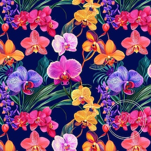 May include: A seamless pattern featuring vibrant orchids in various colors, including pink, purple, yellow, and orange, on a dark blue background. The orchids are arranged in a repeating pattern, creating a tropical and exotic feel.