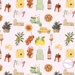 Italy Travel Seamless Pattern with Pizza Pasta Gelato Scooter Camera and Mediterranean Food Icons Pink Stripe Digital Paper