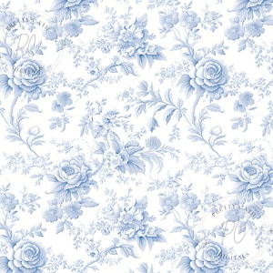 Könnte beinhalten: Nahtloses Muster mit floralem Design in Hellblau auf weißem Hintergrund. Das Muster zeigt Rosen, Blätter und andere florale Elemente und bietet eine klassische und elegante Ästhetik. Geeignet für verschiedene Anwendungen, hat das Design einen Vintage-Look.