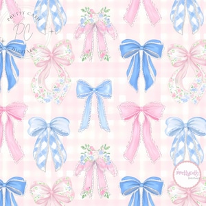 May include: A repeating pattern of watercolour bows in shades of blue and pink, set against a light pink gingham background. Some bows feature floral accents and lace trim. The image includes the text "Pretty Cath Digitals".