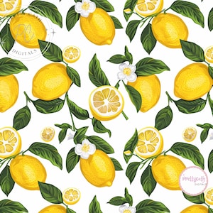 Lemon Seamless Pattern Citrus Fruit Digital Paper Summer Wallpaper Tropical Scrapbook Background Mediterranean Kitchen Fabric Design